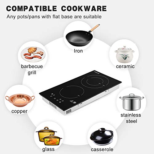 Domino placa vitrocerámica,Amzchef eléctrica vitrocerámica con superficie de vidrio negro pulido, control táctil y bloqueo para niños,temporizador y 9 de potencia,adecuados para cualquier olla