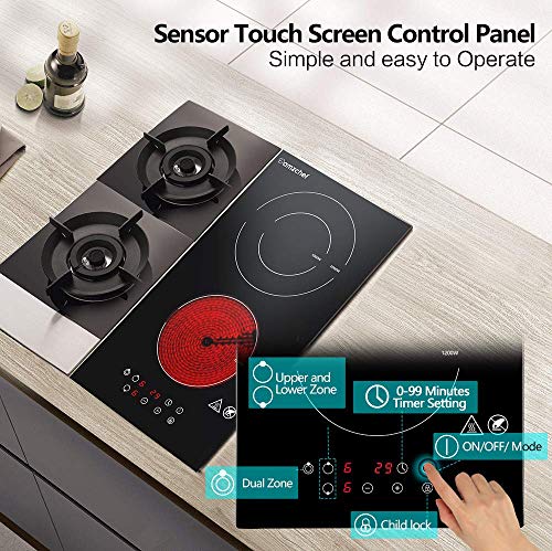 Domino placa vitrocerámica,Amzchef eléctrica vitrocerámica con superficie de vidrio negro pulido, control táctil y bloqueo para niños,temporizador y 9 de potencia,adecuados para cualquier olla