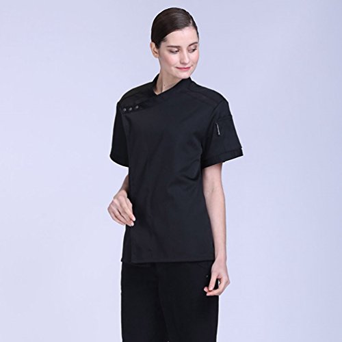 Dooxii Unisexo Hombre Mujeres Verano Manga Corta Camisa de Cocinero Transpirable Pastel para Hornear Chaquetas de Chef Uniforme Cocina Restaurante Occidental Negro M