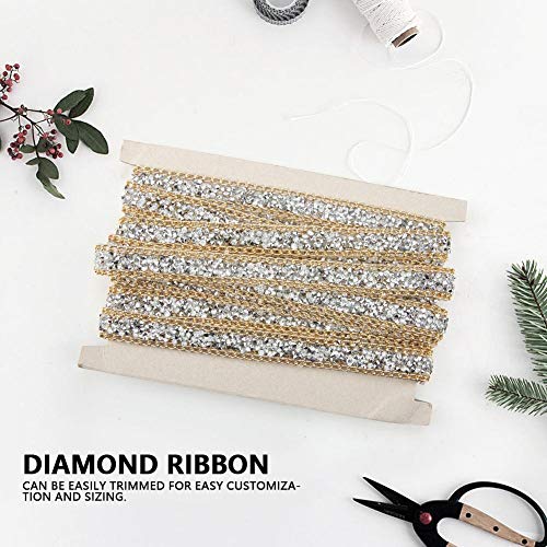 Dorado Cinta de diamante, Akozon 5 Yard 15mm Gold Edge Silver Diamond Wrap Roll Rhinestone Decoración de la cinta Pastel de bodas Nupcial