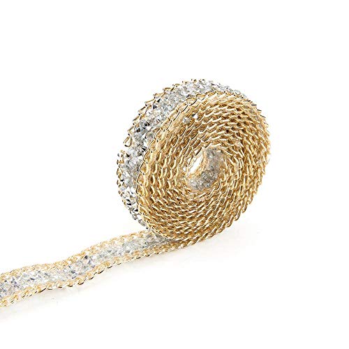 Dorado Cinta de diamante, Akozon 5 Yard 15mm Gold Edge Silver Diamond Wrap Roll Rhinestone Decoración de la cinta Pastel de bodas Nupcial