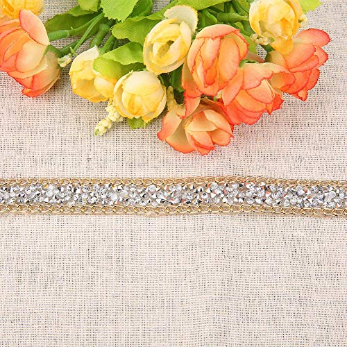 Dorado Cinta de diamante, Akozon 5 Yard 15mm Gold Edge Silver Diamond Wrap Roll Rhinestone Decoración de la cinta Pastel de bodas Nupcial