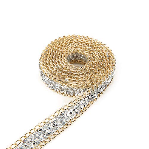 Dorado Cinta de diamante, Akozon 5 Yard 15mm Gold Edge Silver Diamond Wrap Roll Rhinestone Decoración de la cinta Pastel de bodas Nupcial