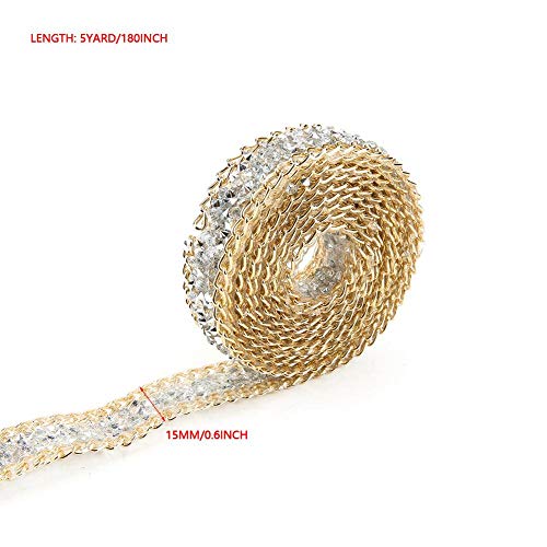 Dorado Cinta de diamante, Akozon 5 Yard 15mm Gold Edge Silver Diamond Wrap Roll Rhinestone Decoración de la cinta Pastel de bodas Nupcial
