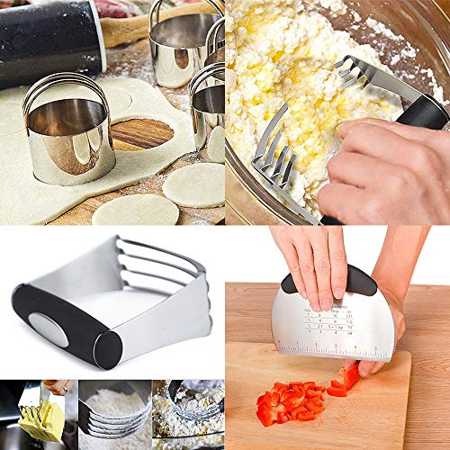 Dough Tools Juego de raspador de pastelería, batidora y cortadores de galletas (5 piezas planas redondas + 1 estriado redondo) en paquete de regalo