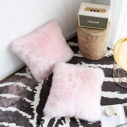 DQMEN 2Pcs Funda Cojines, Funda Almohada de Suave Piel sintética de Lana, Cojín Cubierta Tiro Funda de Almohada Sofá Decoración 45cm x 45cm (2Pcs Rosa, 45 x 45cm)