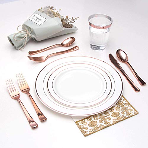 DRROT 60 Platos de Plástico Duro Desechables,Reutilizable y Reciclable Contiene: 30 Platos 26cm + 30 Platos de postres/Ensalada 19cm, Perfecto para Catering, Bodas, Fiestas y Eventos (Oro rosa)