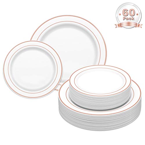DRROT 60 Platos de Plástico Duro Desechables,Reutilizable y Reciclable Contiene: 30 Platos 26cm + 30 Platos de postres/Ensalada 19cm, Perfecto para Catering, Bodas, Fiestas y Eventos (Oro rosa)