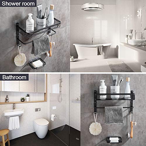 DUFU Estante de Baño con Barra de Toalla y Ganchos Adicionales sin Taladrar Estantería de Ducha Aluminio Antioxidante con Jabonera Organizador de Esponja Accesorios de Baño con Autoadhesivos