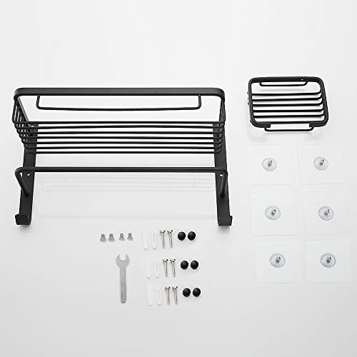 DUFU Estante de Baño con Barra de Toalla y Ganchos Adicionales sin Taladrar Estantería de Ducha Aluminio Antioxidante con Jabonera Organizador de Esponja Accesorios de Baño con Autoadhesivos