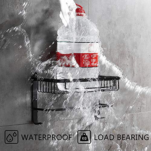 DUFU Estante de Baño con Barra de Toalla y Ganchos Adicionales sin Taladrar Estantería de Ducha Aluminio Antioxidante con Jabonera Organizador de Esponja Accesorios de Baño con Autoadhesivos