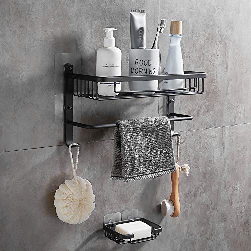 DUFU Estante de Baño con Barra de Toalla y Ganchos Adicionales sin Taladrar Estantería de Ducha Aluminio Antioxidante con Jabonera Organizador de Esponja Accesorios de Baño con Autoadhesivos
