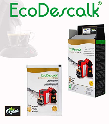 EcoDescalk Ecológico en Polvo, 2x4 Sobres. Descalcificador 100% Natural. Limpiador para Cafeteras. Todas Las Marcas. 8 Descalcificaciones. Producto CE.