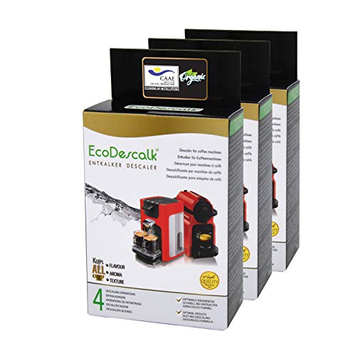 EcoDescalk Ecológico en Polvo, 3x4 Sobres. Descalcificador 100% Natural. Limpiador para Cafeteras. Todas Las Marcas. 12 Descalcificaciones. Producto CE.