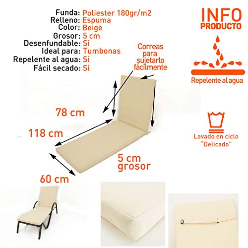 Edenjardi Pack 2 Cojines para Tumbona de Exterior Color Beige | Tamaño 196x60x5 cm | Repelente al Agua | Desenfundable | Portes Gratis