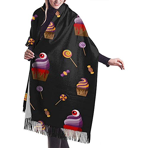 Elaine-Shop Imitar Cachemira Bufanda de invierno Pashmina Chal Wraps Manta Bufandas Elegante Abrigo para mujeres Halloween Spooky Cupcake