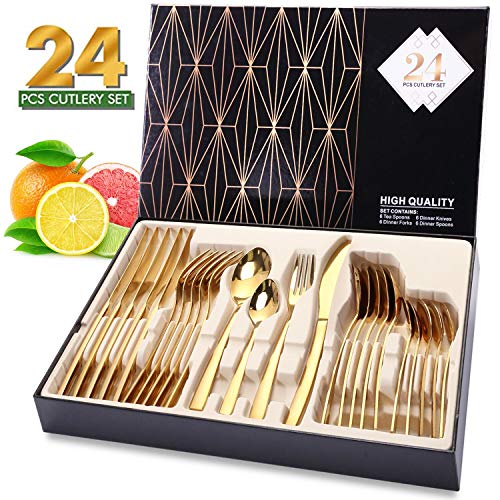 Elegant Life JJuego de Cubiertos de Oro de 24 Piezas, Vajilla para 6 Personas, Acero Inoxidable, para Cocina, Restaurante, Fiesta, Regalo, con Caja de Regalo de Madera