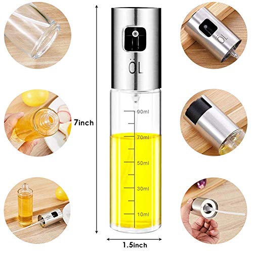 Eletorot Dispensador de pulverizador de Aceite, Rociador de Aceite, rociador de vinagre, Premium 304 Acero Inoxidable Botella de Vidrio 100 ML para cocinar/Ensalada/Hornear Pan/BBQ/Cocina (2 Piezas)