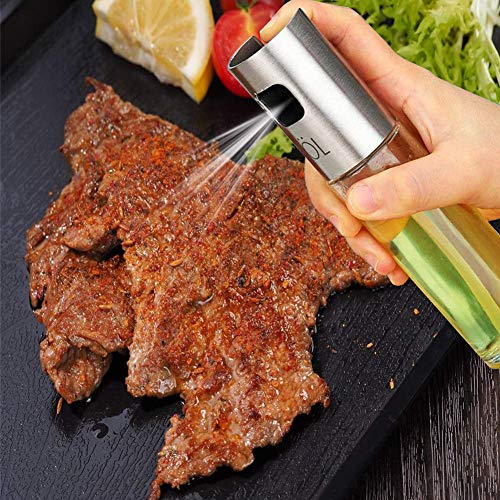 Eletorot Dispensador de pulverizador de Aceite, Rociador de Aceite, rociador de vinagre, Premium 304 Acero Inoxidable Botella de Vidrio 100 ML para cocinar/Ensalada/Hornear Pan/BBQ/Cocina (2 Piezas)