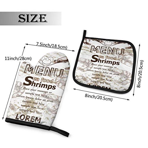 Eliuji Camarones Plantilla de menú de Comida de mar Line Art Manoplas y agarraderas para Horno Guantes para Barbacoa-Mitones para Horno y Porta ollas Guantes de Cocina Antideslizantes