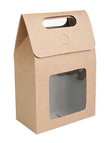Emartbuy Bolsa de Regalo Papel Fuerte Levántate, 15 cm x 10 cm x 6 cm, Bolso Kraft Marrón Caja de Galletas Dulces Con Ventana Transparente - Paquete de 12