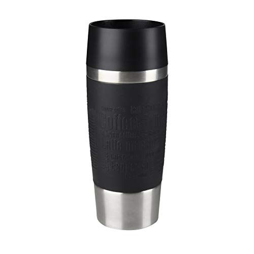 Emsa Travel Mug Taza térmica, Mantiene Calor 4 h y frío 8 h, Acero Inoxidable con Base Antideslizante y Zona de Agarre de Silicona con Letras grabadas, Negro, 8.1 x 8.1 x 20.1 cm