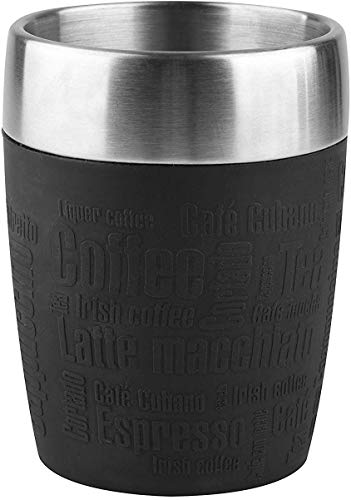 Emsa Travel Mug Taza térmica, Mantiene la Temperatura, Acero Inoxidable con Base Antideslizante y Zona de Agarre de Silicona con Letras grabadas, Negro, 0.2 L