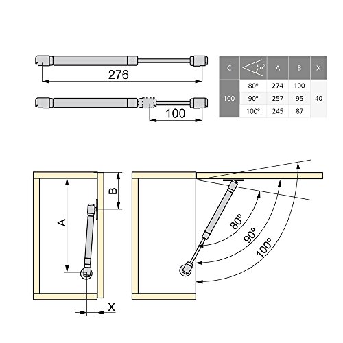 Emuca 1274325 Kits pistón amortiguador para puertas elevables de mueble/cocina/baño (fuerza, carrera/recorrido, Gris (Paint Aluminium), 11 kg 100 mm (10 unidades)