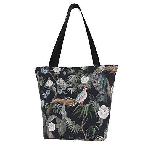 En estilo chinoiserie con cigüeñas, pájaros y peonías Bolso de mano de lona con bolsillo interior Adorable bolso de mano grande para playa, envío, comestibles, libros