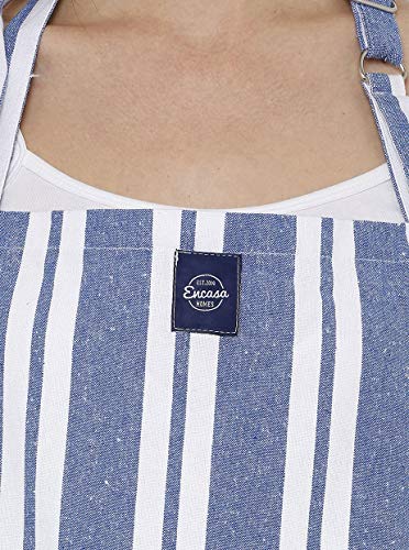 Encasa Homes Delantal de Cocina Ajustable con Bolsillos y toallero - 31 x 25 Inch - Algodón ecológico, Hogar y el Restaurante, Hombres, Mujeres, Cocina, Hornead - Franca Rayas Azules