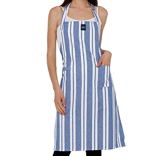 Encasa Homes Delantal de Cocina Ajustable con Bolsillos y toallero - 31 x 25 Inch - Algodón ecológico, Hogar y el Restaurante, Hombres, Mujeres, Cocina, Hornead - Franca Rayas Azules