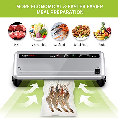 Envasadora al Vacío 4 en 1 Bonsenkitchen para Uso Doméstico y Comercial, 140W, Máquina Selladora al Vacio Alimentos Secos y Húmedos, Incluyendo Rollo de Vacio 28 x 300 cm y Bolsas 10, Plata, VS3801