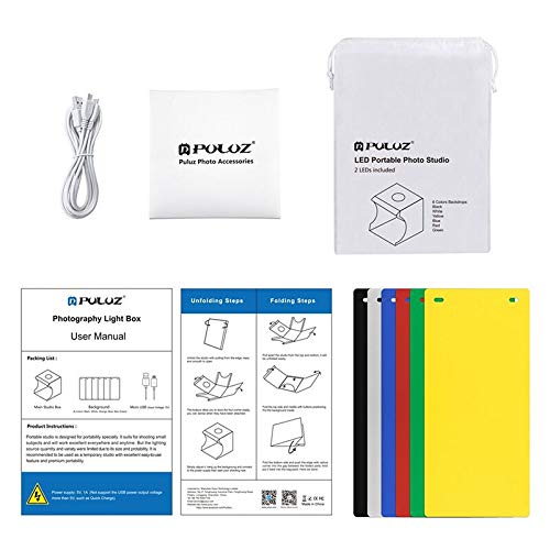 Equipo Fotográfico Portátil,Caja de luz de Fotografía Plegable con 2 luz LED Kit de Caja de luz con 6 Colores de Fondo Paños Luces Incorporadas y Cable USB