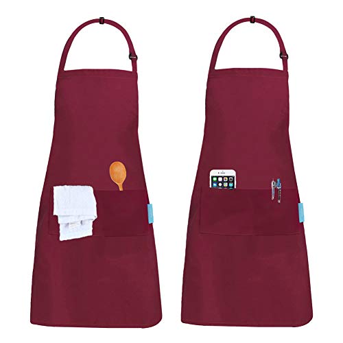 esafio 2 Piezas Delantales Impermeables, Delantal de Trabajo Ajustables del Cocinero con 2 Bolsillo para Mujeres Hombres,Delantal Chefs Cocina para Cocinar/Hornea/Barbacoa (Rojo)
