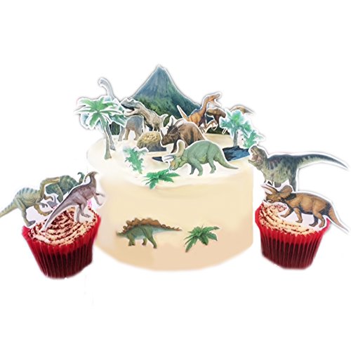 Escena jurásica de dinosaurios hecha de papel de oblea comestible, ideal para la decoración de tus tartas de cumpleaños, fácil de usar