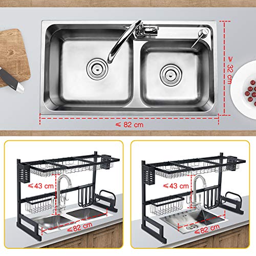 Escurreplatos Kingrack con 2 niveles de gran capacidad, estante organizador para fregadero con ganchos para utensilios de cocina, almacenamiento para platos, cuencos y ollas.