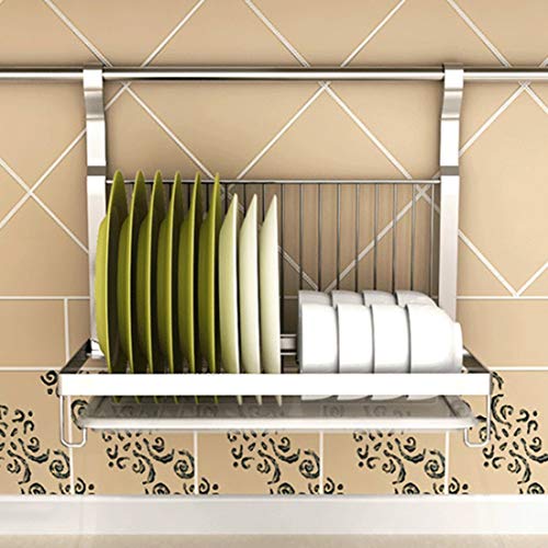 Escurreplatos plegable Gettesy de acero inoxidable para colgar en la cocina, estante organizador de platos – plateado + blanco