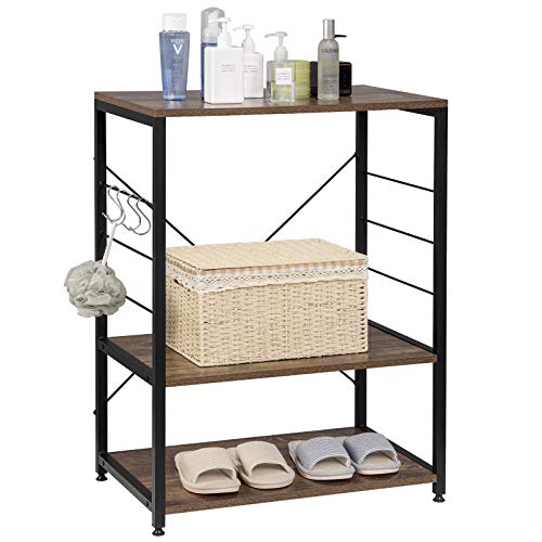 eSituro Estantería Librería Estante de Cocina Almacenamiento de Organizador Multifuncional para Microondas Plantas con 4 Ganchos 3 Estantes Metal+MDF 60x40x82CM Negro+Marrón Oscuro SSTR0058