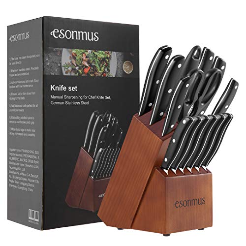 esonmus Cuchillos de Cocina Profesionales, 15 Piezas Juego de Cuchillos de Cocina, Hecho de Acero Alemán X50Cr15 Incluye Afilador de Cuchillos, Tijeras, Bloque de Madera