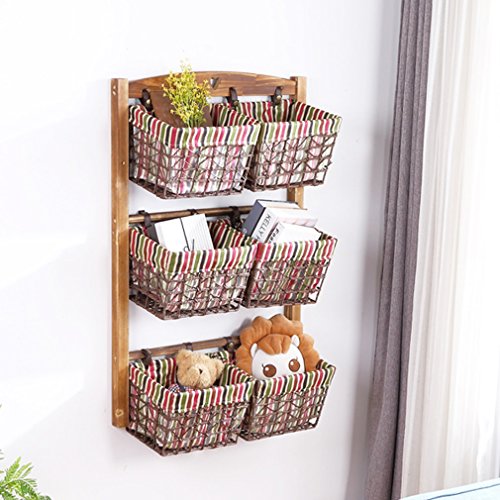 Estanterías flotantes de Doble Fila de Tres Pisos de Pared Capas de Mimbre de Tela Cesta de Almacenamiento Sala de Estar de Madera Maciza Marco Decoración(66 * 97cm)