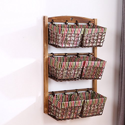 Estanterías flotantes de Doble Fila de Tres Pisos de Pared Capas de Mimbre de Tela Cesta de Almacenamiento Sala de Estar de Madera Maciza Marco Decoración(66 * 97cm)