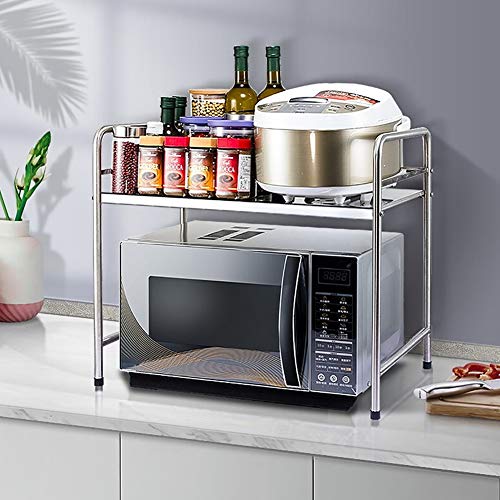 Estanterías para Horno microondas Estanteria Cocina Estantería con un Solo Estante de Acero Inoxidable con Ocho Ganchos 58 x 51.5 x 36cm