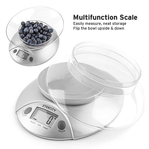 ETEKCITY EK3550 Báscula Digital para Cocina con Tazón Removible, 5 kg / 11 lbs, Balanza Digital de Alimentos Multifuncional con Bol Removible, Plataforma de Acero Inoxidable, Baterías Incluidas