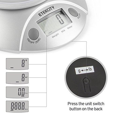 ETEKCITY EK3550 Báscula Digital para Cocina con Tazón Removible, 5 kg / 11 lbs, Balanza Digital de Alimentos Multifuncional con Bol Removible, Plataforma de Acero Inoxidable, Baterías Incluidas