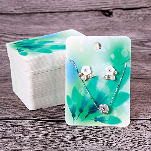 Etiquetas de regalo de papel tarjetas de aretes, 100 piezas de tarjetas postales de papel con 100 bolsas autoadhesivas, etiquetas de colores 3.75 x 1.96 pulgadas (Green Feather)