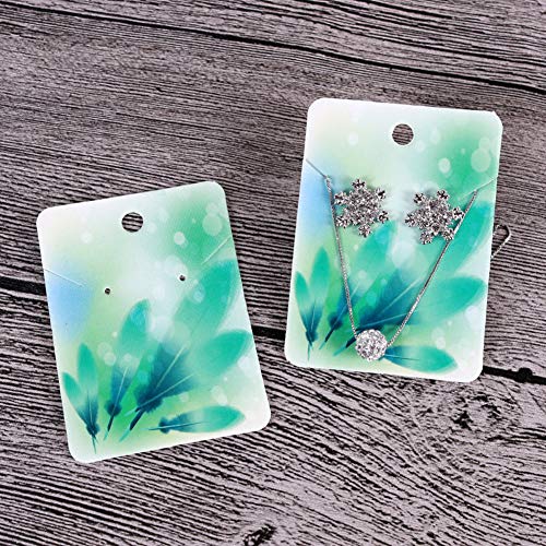 Etiquetas de regalo de papel tarjetas de aretes, 100 piezas de tarjetas postales de papel con 100 bolsas autoadhesivas, etiquetas de colores 3.75 x 1.96 pulgadas (Green Feather)