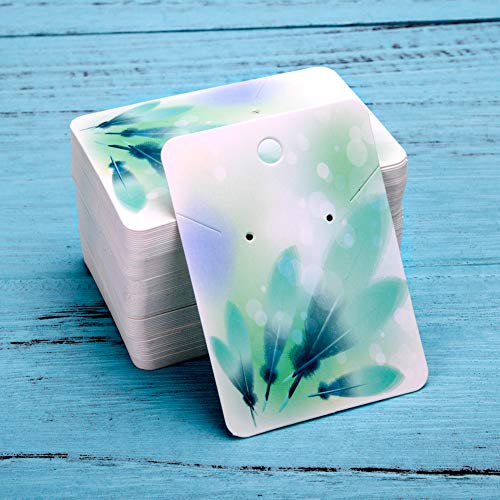 Etiquetas de regalo de papel tarjetas de aretes, 100 piezas de tarjetas postales de papel con 100 bolsas autoadhesivas, etiquetas de colores 3.75 x 1.96 pulgadas (Green Feather)