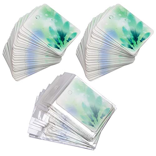 Etiquetas de regalo de papel tarjetas de aretes, 100 piezas de tarjetas postales de papel con 100 bolsas autoadhesivas, etiquetas de colores 3.75 x 1.96 pulgadas (Green Feather)