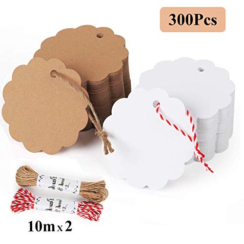 Etiquetas Kraft Redondas, 300 Piezas Etiqueta Regalo de Papel, Etiquetas Colgantes Carton, Handmade Tags Etiquetas, Tarjetas Vintage con 20 Metros de Cuerda para Tienda Bodas Cumpleaños y Navidad