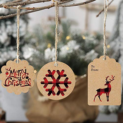 Etiquetas navideñas de papel kraft,paquete de 200 etiquetas marrones con 50 m de yute,etiquetas de regalo,etiquetas colgantes para decoración,feliz Navidad,árbol,alce,patrón de copo de nieve